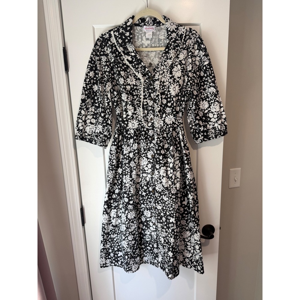 Lanz of Salzburg Black White Floral Lace Trim Button Front Midi Dress Large